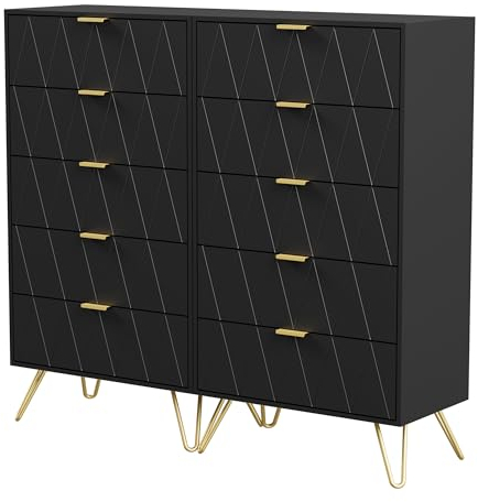 UEV Kommode 2er Set,120 x 34 x 110 cm, Schrank mit 10 Schubladen, Highboard, TV Schrank, Sideboard mit Schubladen, Schmal kommode, Beistellschrank für Wohnzimmer Schlafzimmer Flur (Schwarz)