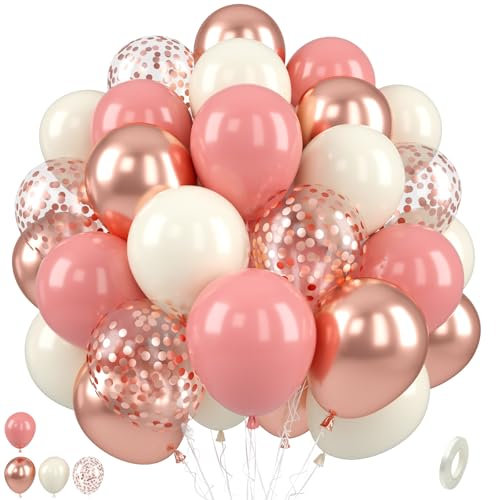 Paready Dusty Pink Balloons, 50 Pcs Retro Blush Pink White 12 Inch Metallic Confetti Rose Gold With Ribbon for Girls Wedding Bridal Baby Shower Birthday Party Decorations