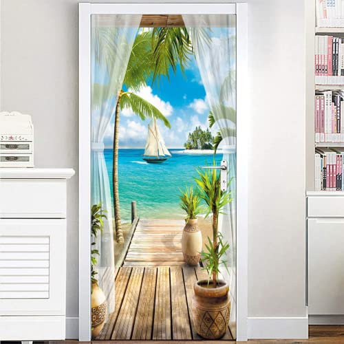 FLFK 3D Türtapete Selbstklebend TürPoster 85x215cm-Blauer Himmel Weiße Wolken Kokosnussbaum Türaufkleber Abziehen und Aufkleben Mauer Aufkleber Zuhause Dekor(2 Stk/Set)