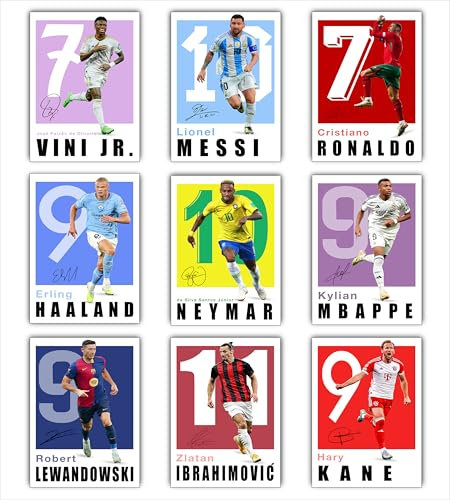 Fußballposter, 9 Fußballposter für Jungen-Schlafzimmer, Messi und Ronaldo, Poster, Geschenk für Fan-Fußball, Messi, Ronaldo, Neymar, Vini Jr, Mbappe, Haaland, Kane, Lewandowski, Ibrahimovic,