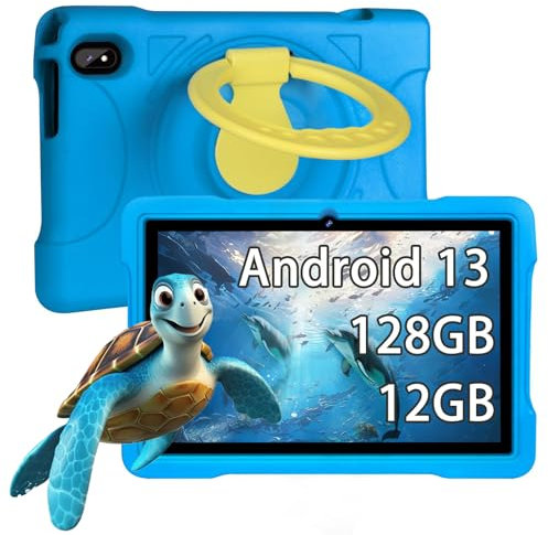 fezawio Tableta Infantil Android 13, Tableta de 10 Pulgadas, 12GB RAM 128GB ROM (TF 512GB), Octavo núcleo, Control Parental, educación Infantil, WiFi 5G, Cámara Doble, Baja eva, Azul