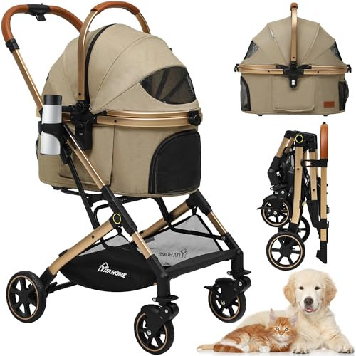 YITAHOME Hundewagen für Kleine Hunde, Hundewagen 3 in 1 Hundebuggy Bis 15.9kg, Klappbar, Hundebuggy Kleine Hunde, Hunde Buggy, katzenwagen, Faltbar Hund Kinderwagen, Tragbarer Kinderwagen (Beige)
