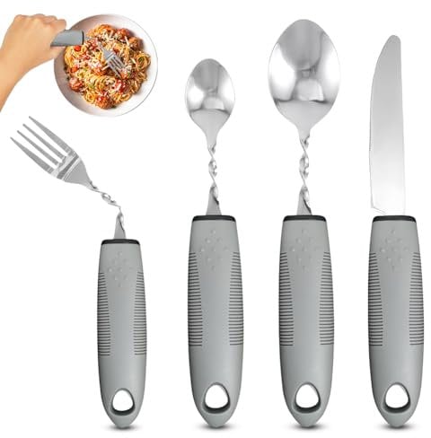 Parkinson Couverts adaptatifs, couverts flexibles et portables, couverts pour personnes âgées, handicapés, ustensiles de cuisine avec poignées antidérapantes (gris 4)