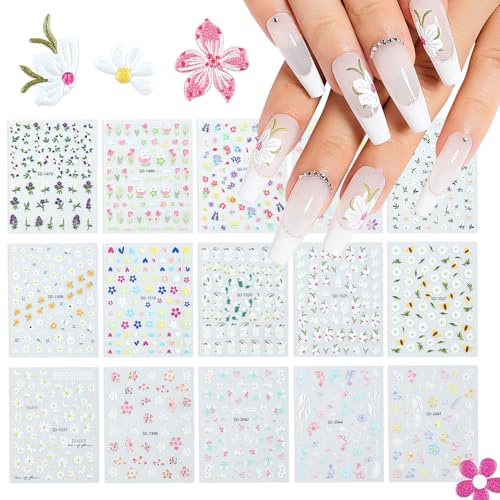 Nicedeco 15 Feuilles Fleur Stickers Ongles Mix Couleurs Autoadhésif Autocollants Ongles Nail Art Décoration 01