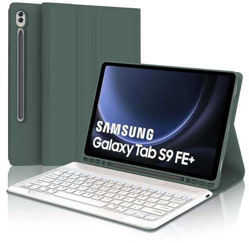 Teclado para Samsung Tab S9 FE+/S9 FE Plus 12.4 2023, Funda con Español Ñ Teclado Bluetooth Magnético Desmontable para Tablet Samsung S9 FE Plus, Verde Oscuro