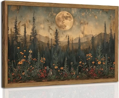 Vintage Nature Forest Wall Art Dark Moon Landscape Painting Wall Decor Woodland Picture Artwork 3D Textured Hand Drawn Sandstone for Farmhouse Bedroom Living Room 12x16 inch Wood Framed