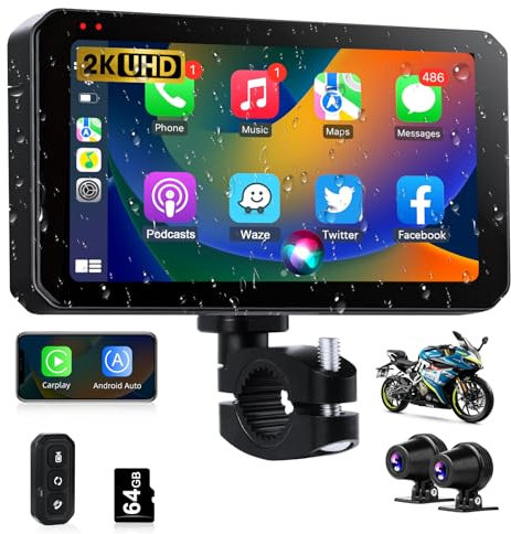 Vtopek Motorrad Carplay Android Auto mit Dashcam Vorne Hinten 2K+2K Carplay Motorrad con 5,5-Zoll Touchscreen IP67 Wasserdicht mit GPS-Navigation Siri Dual Bluetooth Freisprecheinrichtung 64G-TF-Karte