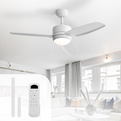 Sofucor Deckenventilator mit Beleuchtung und Fernbedienung, 117 cm, DC, Timer, 3 Farbtemperatur, 6 Geschwindigkeiten, Sommer Winterbetrieb, Weiß Leise Deckenventilator mit Licht für Schlafzimmer