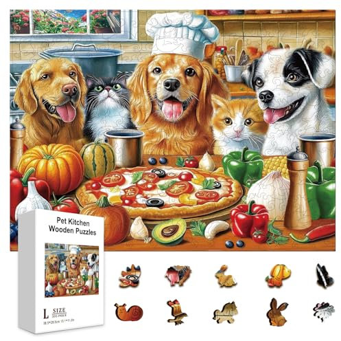 GLOBLELAND 300Pcs Cats and Dogs Wooden Jigsaw Puzzles for Adult 11.22x15.16inch Colorful Pet Kitchen Wood Puzzles for Christmas Halloween Birthday