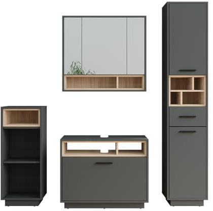 Vicco Badmöbel-Set Anthrazit/Sonoma Beatrice, bestehend aus Badspiegelschrank, Waschbeckenunterschrank, Midischrank, Hochschrank - Harmonische Kombination für EIN stimmiges Bild