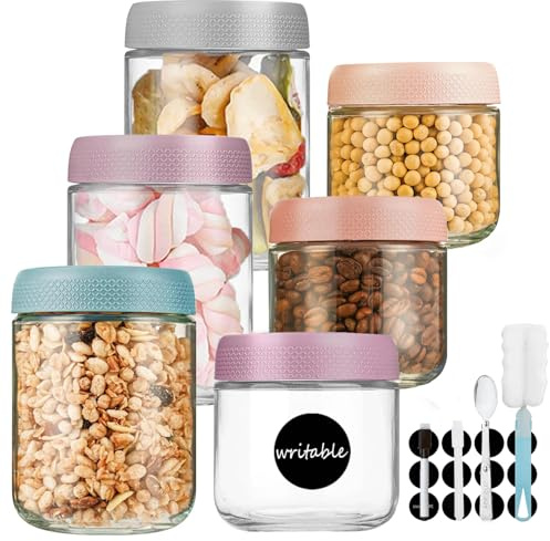 HYJT Pots à Overnight Oats jar - Bocal Lot de 6 avec Couvercles - Bocaux en Verre Hermétique pour Yaourt, Pudding, Meal Prep, L'Avoine, Petit Déjeuner, Salades et Confitures, (3x550ml + 3x350ml)