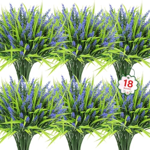 BlueCloudy 18 Bundles Artificial Lavender Plants Outdoor | UV Resistant Plastic Fake Flowers for Hanging Baskets Planters Garden Home Office Table Decoration