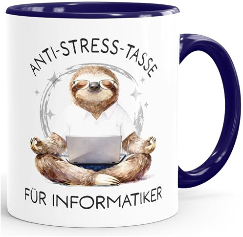 SpecialMe® Kaffee-Tasse Faultier Design Geschenkidee Informatiker Anti Stress Bürotasse Spruch Lustig Arbeit Job Berufe Weiss-innen-navy standard
