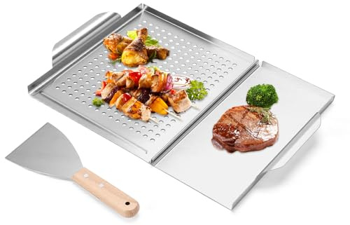 Teglia per barbecue, 31 x 45 cm, in acciaio inox, con manico curvo e bordo alto, piastra per barbecue a carbonella, per tutti i tipi di barbecue, accessori per barbecue, lavabile in lavastoviglie