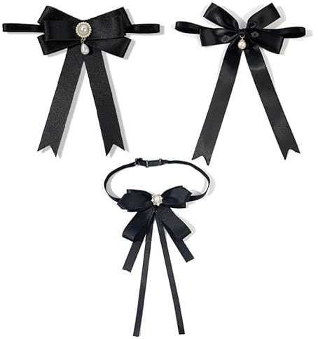 JWRHUH Krawatte Damen Schwarz 3er Set Vorgebundene Fliege aus Satin | Elegante Schleife für Bluse, Verstellbare Damenkrawatte, JK Uniform Accessoires für Cosplay, Party, Business & Kostüm