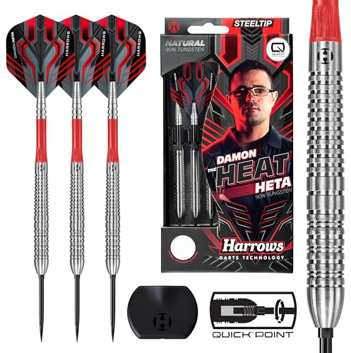 Harrows Damon Heta Dartpfeil-Set mit 90% Wolframstahlspitze, mit Schnellpunktwechselsystem, 21 g, inklusive schwarzen Alamo-Schäften, Damons Signature Flights und Reiseetui, erhältlich in 21 g, 23 g