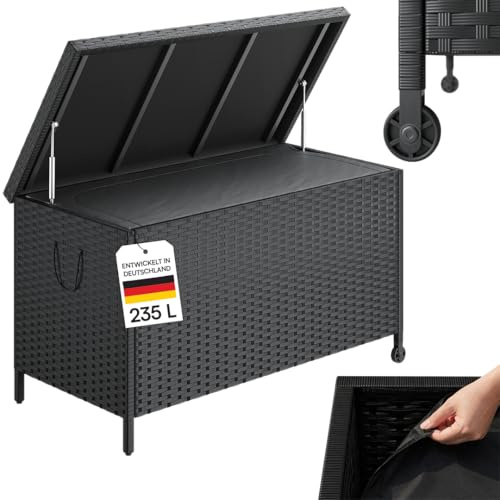 STEELSØN Serion Gartenbox 110 cm breit, mit Rollen, Schwarz, wetterfest | Rattanbox 110x55x60 cm mit Griffen, Outdoor Auflagenbox, Klappdeckel, Aufbewahrungskiste, Gartenkiste Stahlgestell, Kissenbox