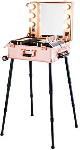Kemier Schminkkoffer, Kosmetik-Zug Tisch w/4 Rollende Räder Lichter Pro-Schminkstation, Abdeckplatte und leicht zu Reinigende Ausziehbare Tabletts, Verstellbare Beine, Robust (Roségold)