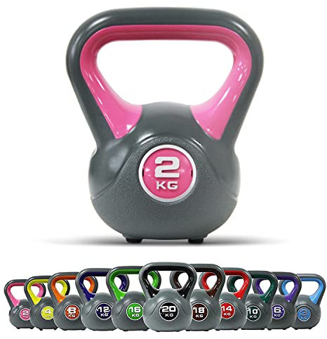 Kettlebell Kunststoff 2-20 kg inkl. Workout I Kugelhantel in versch. Farben und Gewichten I Bodenschonende Schwunghantel (2 kg - Rosa)