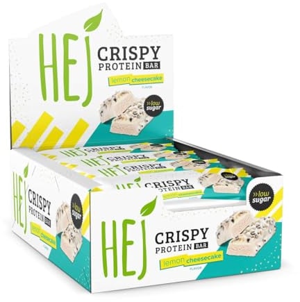 HEJ Crispy Proteinriegel Snack – Low Sugar Eiweißriegel | 14g Protein & 167kcal pro Riegel | Vegetarisch & ohne Palmöl – 12x45g Lemon Cheesecake
