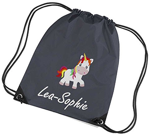SL-Store GbR Turnbeutel bestickt mit Namen und Motiv Sportbeutel Schuhbeutel Schwimmbeutel Wäschebeutel viele Farben & Motive 45x33 cm, Farbe:dunkelgrau