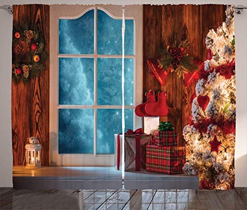 ABAKUHAUS Weihnachten Rustikaler Gardine, Gefrorene Schnee Haus, Schlafzimmer Kräuselband Vorhang mit Schlaufen und Haken, 280 x 175 cm, Blau Rot
