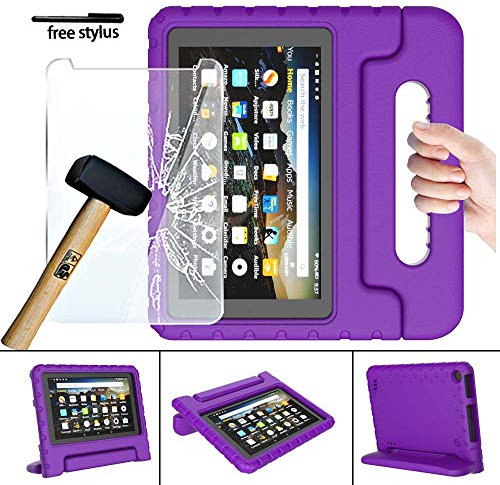 FINDING CASE for Amazon Fire 7 with alexa Tablet Case (9th & 7th & 5th Gen,2019 & 2017 & 2015 Release) + Tempered Glass Screen Protector Cover - ShockProof Handle Foam Stand Kids Cover purple