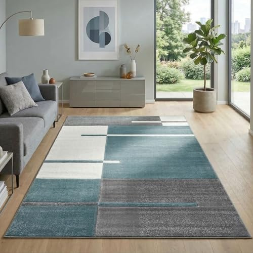 Carpetsale24 Tapis 160 x 230 cm, poils courts, contours découpés, bleu, gris, blanc, carreaux, lavable, entretien facile, extra doux, salon, salle à manger, chambre