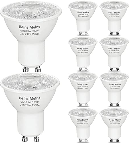 Belns Melns Ampoule LED GU10, Spot LED Type, 3W (Équivalent Ampoule Halogène 35W), Blanc Chaud 2700 Kelvin 250 Lumen, Intensité Invariable, Lot de 10