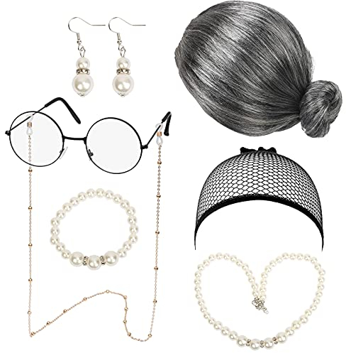 LOOPES 7tlg Old Lady Kostüm Set Großmutter Kostümzubehör Omadeko mit Oma Perücke Perückekappe Omabrille Brillenketten Armband Perlenkette Alte Damen für Halloween Karneval Mottoparty Fasching Deko