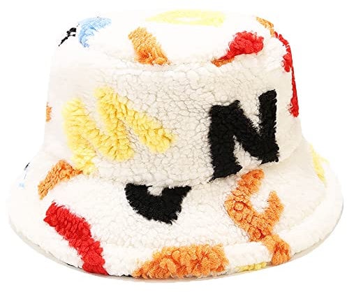 Winter Plüsch Fuzzy Bucket Hat Faux Fur Shearling Fisherman Hüte für Frauen, Buchstaben, weiß., Einheitsgröße