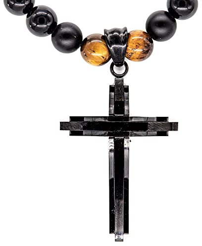 Onyx Kette Halskette Perlen Kette Black Onyx Tigerauge Perlenhalskette mit Edelstahlkreuz Schwarz Damen Herren