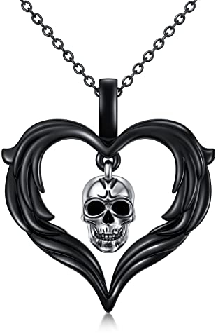 Shusukue Totenkopf Kette 925 Sterling Silber Gothic Halskette Damen Schädel Schwarz Kette Herzform Totenkopf Anhänger Halloween Totenkopf Schmuck Geschenke für Frauen Mädchen
