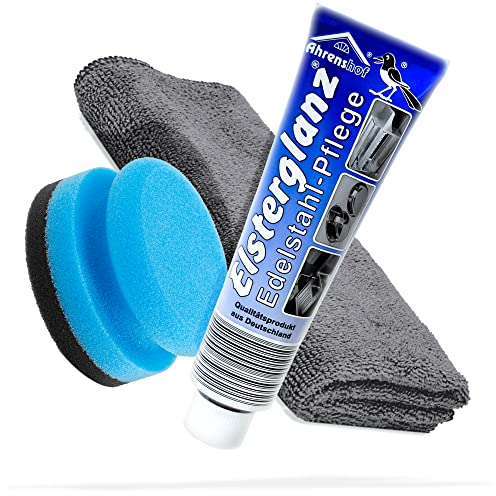 detailmate Edelstahlreiniger Bundle mit 150ml XXL Tube | Elsterglanz Edelstahl Pflege + detailmate Premium Microfasertuch + Schwamm | Reinigt, poliert und konserviert Edelstahl-Oberflächen