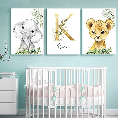 Youihom 3 Bilder Kinderzimmer Jungen Tiere Namen Poster Baby Elefant Löwe Personalisierte Wandbilder Kinderzimmer Waldtiere Deko Babyzimmer Kinder Geschenk 30 x 40 cm ohne Rahmen