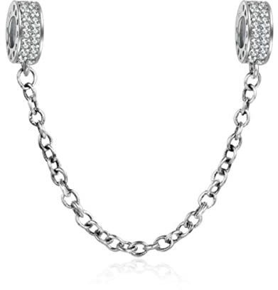 ZiNuo Charm Beads Love Heart Safety Chain 925 Sterling Silver Clip Lock Stopper Beads Safety Chain for Pandora Charm Bracelet DIY Jewelry (J)