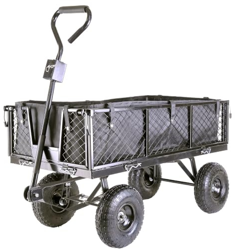 Heavy Duty Steel Garden Cart 350kg Load Black Mesh Utility Wagon & Liner | Durable pneumatic tyres & removable folding sides; perfect for festivals, camping & heavy-duty outdoor tasks.