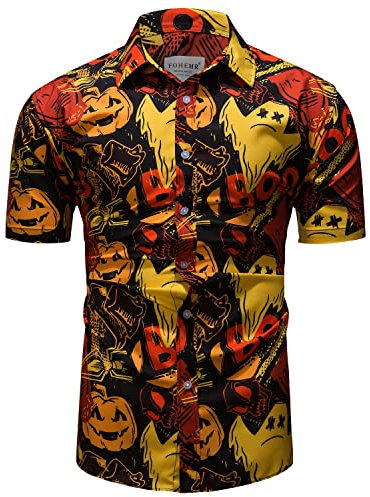 fohemr Mens Halloween Shirts Ugly Pumpkin Print Short Sleeve Button Down Casual Hawaiian Shirt Ghost Theme Adult Dress Red 3X-Large
