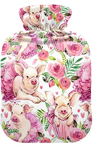 YOUJUNER Wärmflasche mit rosa Blumen-Schweinchen-Muster, 2 Liter, großer Wärmbeutel, warmer Komfort, Handfußwärmer