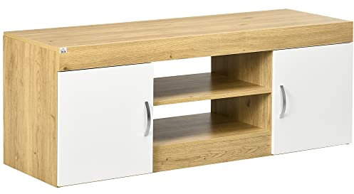 HOMCOM Meuble TV Banc TV jusqu'à 60 Pouces avec étagères 2 placards en Bois 130 x 39,6 x 48 cm Bois Naturel et Blanc