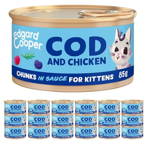 Edgard Cooper Kitten Grain Free Wet Cat Food in Gravy (Cod&Chicken 18 x 85g), Natural Cat Food in Chunks for Sterilized or Active Cats, No Added Sugar
