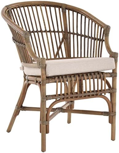 Krines Home Gestäbter Rattansessel aus Natur-Rattan mit Polster. Rattanstuhl mit Armlehne