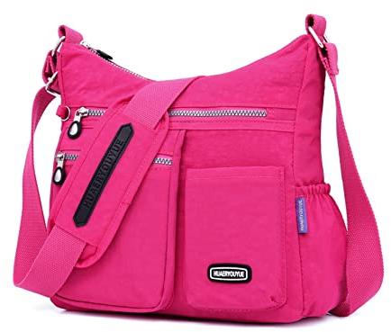 NOTAG Sac Bandouliere Femme, Sac à Bandoulière Léger Multi-Poches Grande Capacité Sac à Main Sac porté épaule Imperméable Nylon pour Voyage (Rose rouge)