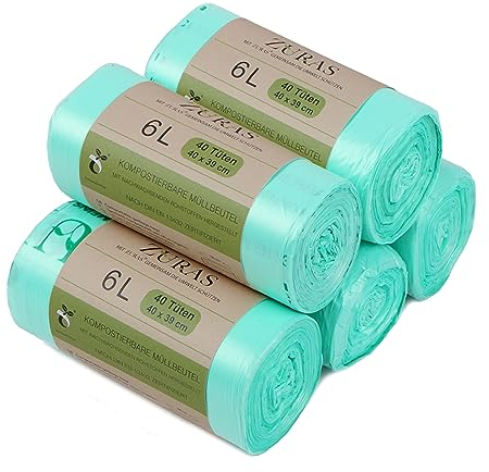 ZURAS 6 Liter Biomüllbeutel 200 Stk. kompostfähige, biologisch abbaubare Müllbeutel auf pflanzlicher Basis, DIN EN 13432 zertifiziert und geprüft, reißfest und wasserdicht