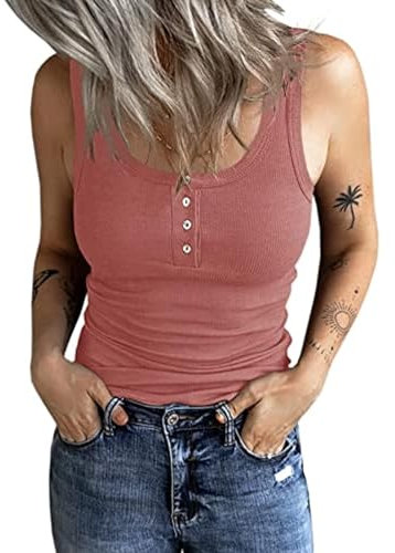 Fessceruna Damen Tops Sexy U-Ausschnitt Tank top Ärmellos Sommer Oberteile Gerippt Camisole mit Knöpfen(Rosa, L)