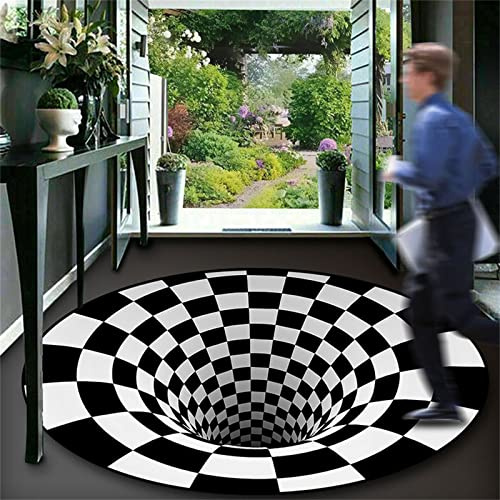 Salutebaba 3D Illusion Teppich Runde Schwarz Weiß Bereich Teppich 3D bodenloses Loch Optische Täuschung Teppiche Bodenmatte für Wohnzimmer Küche Büro
