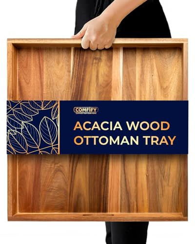 Extra Large (22) Square Premium Acacia Wood Ottoman Tray with Handles - Use for Serving Food in Style for Dinner, Breakfast, Snacks, BBQ, Entertaining Guests & More - Brown