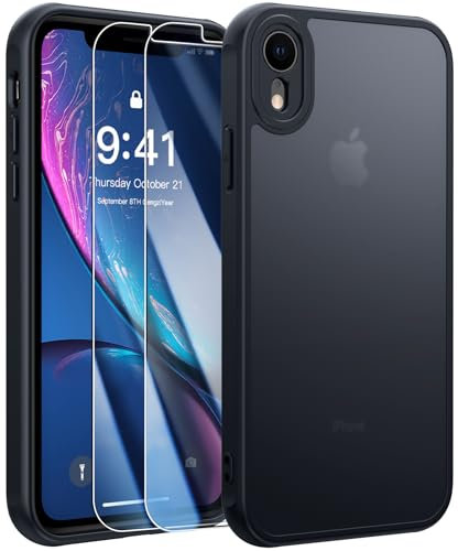 FLLAO Opaca Cover Compatibile con iPhone XR con 2 Vetro Temperato, [Della Fotocamera Protezione] Anticaduta Antiurto Hard PC Glassata Traslucida Custodia Compatibile con iPhone XR Nero
