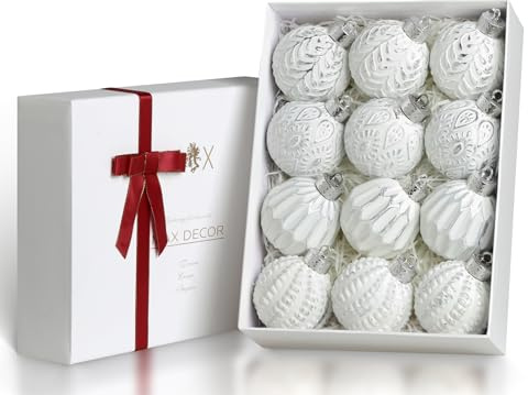 Weiße und silberne rustikale Weihnachtskugel-Ornamente, 8 cm, Vintage-Weihnachtsbaumschmuck, 12 Stück, groß, bruchsicher, neutral, Bauernhaus-Luxus-Ornamente für Weihnachtsbaum, Heimdekoration