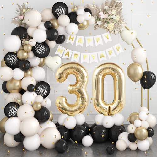 30th Birthday Decorations Black Gold Sand White,30th Birthday Balloon Arch Garland Kit With Champagne Gold Number 30 Foil Balloons for Women Men 30 Party Decoration